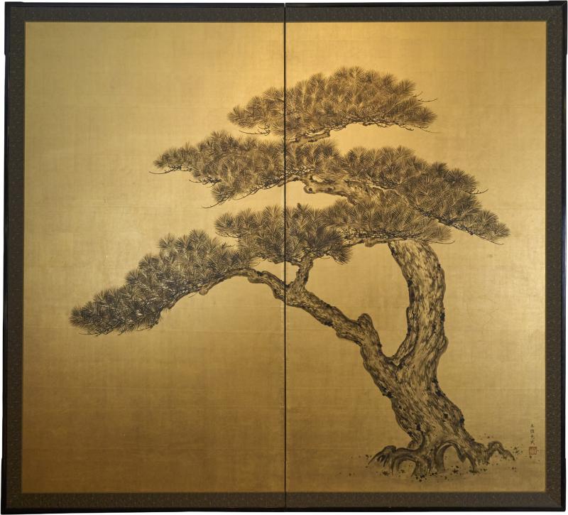 Japanese Two Panel Screen Pine on Gold