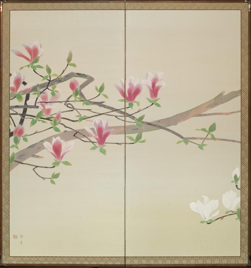 Japanese Two Panel Screen Pink and White Magnolias In Early Bloom