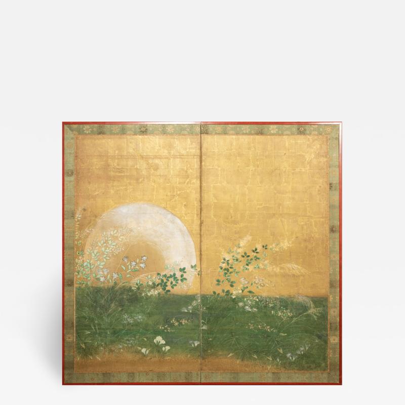 Japanese Two Panel Screen Plains of Musashino with Full Moon Rising