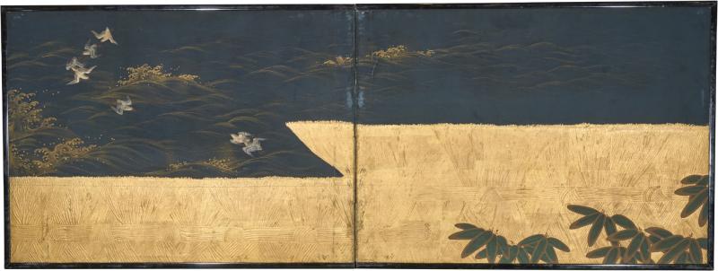 Japanese Two Panel Screen Plovers Over Waves