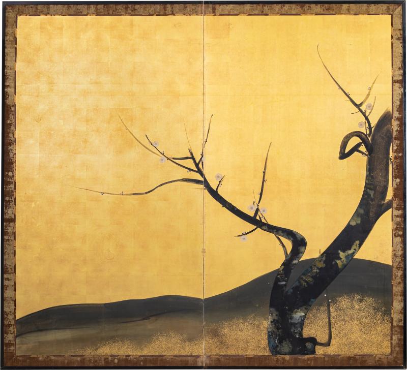 Japanese Two Panel Screen Plum on Gold Leaf