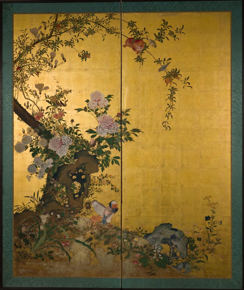 Japanese Two Panel Screen Pomegranate Tree