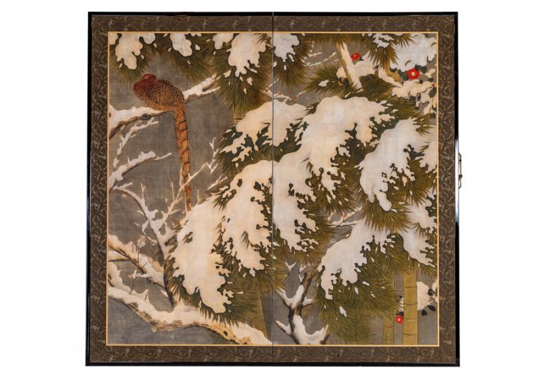Japanese Two Panel Screen Recumbant Pheasant in Snow Laden Pine