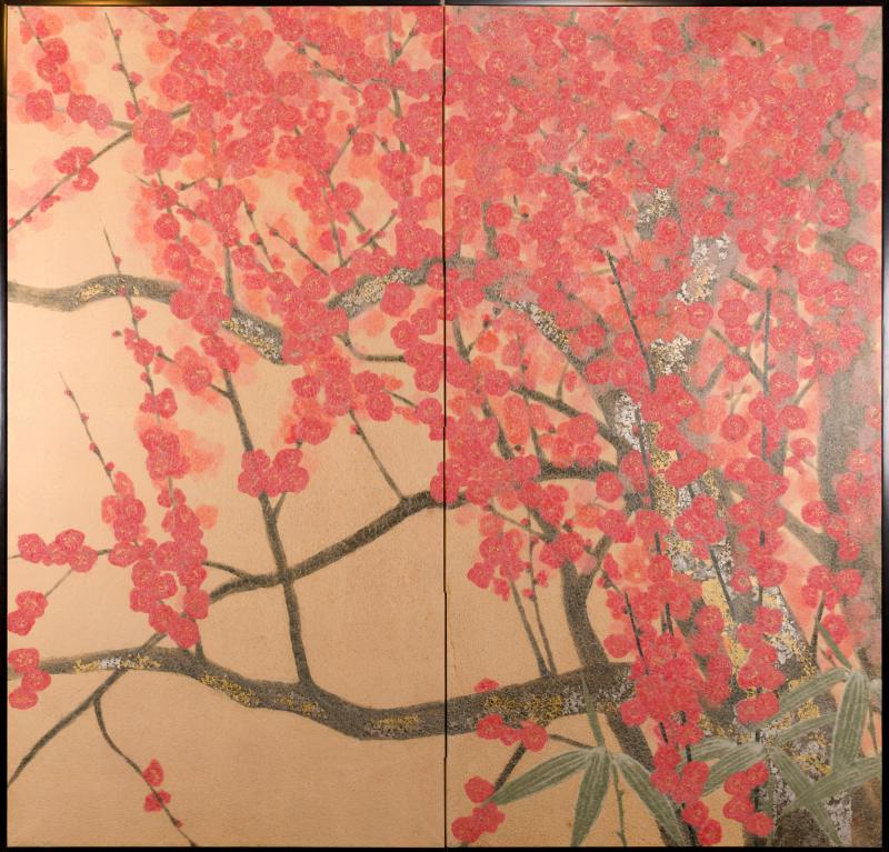 Japanese Two Panel Screen Red Plum Rare Obara Paper Art Screen