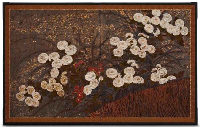 Japanese Two Panel Screen Red and White Chrysanthemums