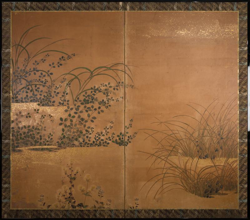 Japanese Two Panel Screen Rimpa Floral Landscape