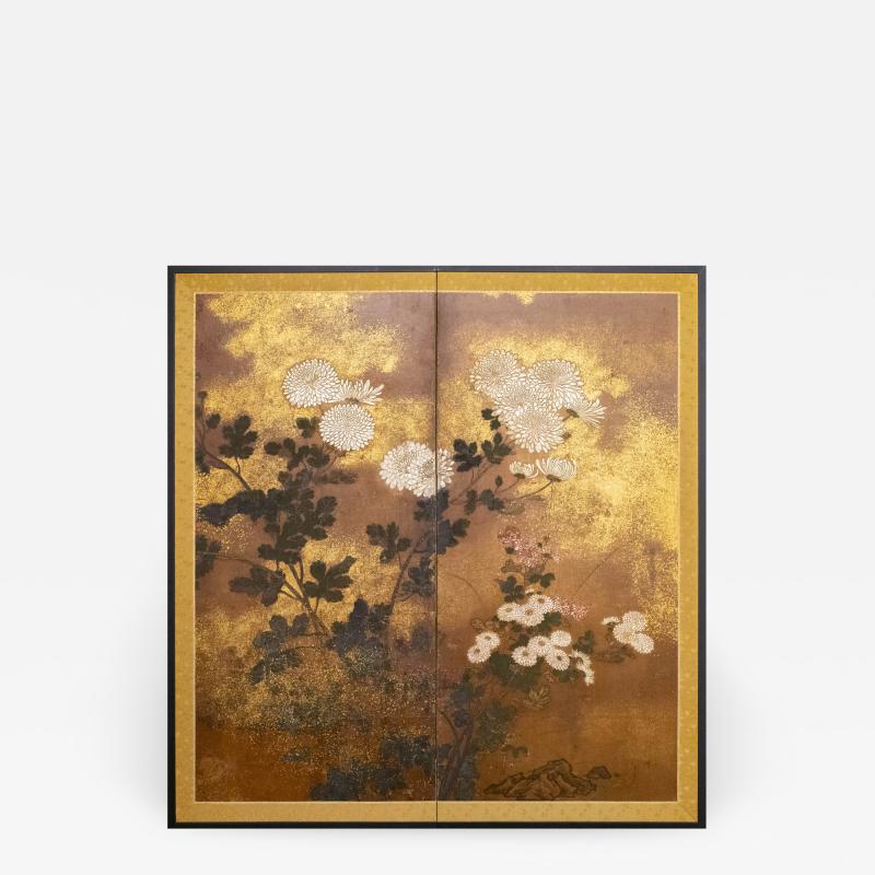 Japanese Two Panel Screen Rimpa Painting of Chrysanthemums