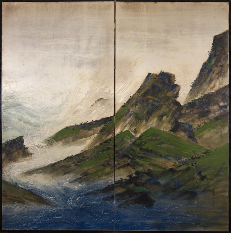 Japanese Two Panel Screen Rocky Coastal Landscape on Silver