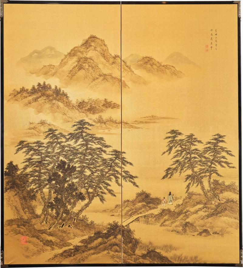 Japanese Two Panel Screen Rural Mountain Landscape