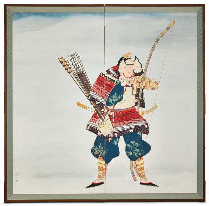 Japanese Two Panel Screen Samurai Warrior