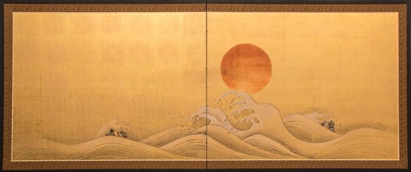 Japanese Two Panel Screen Setting Sun Over Cresting Waves