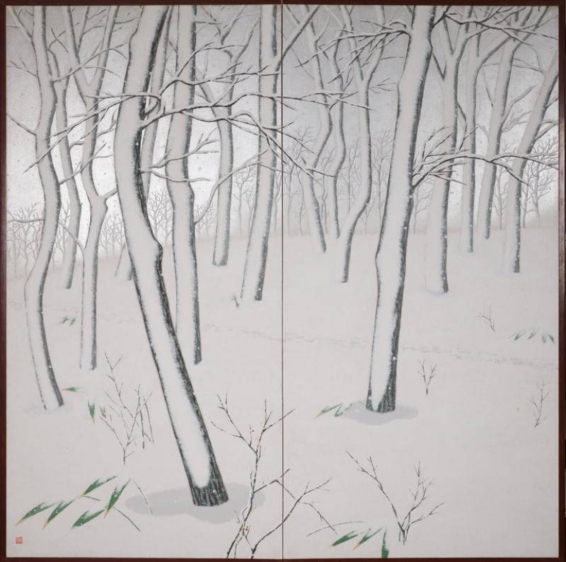 Japanese Two Panel Screen Snow Flakes Falling in the Forest