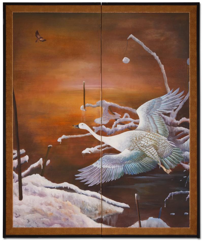 Japanese Two Panel Screen Snow Goose in Flight at Dawn