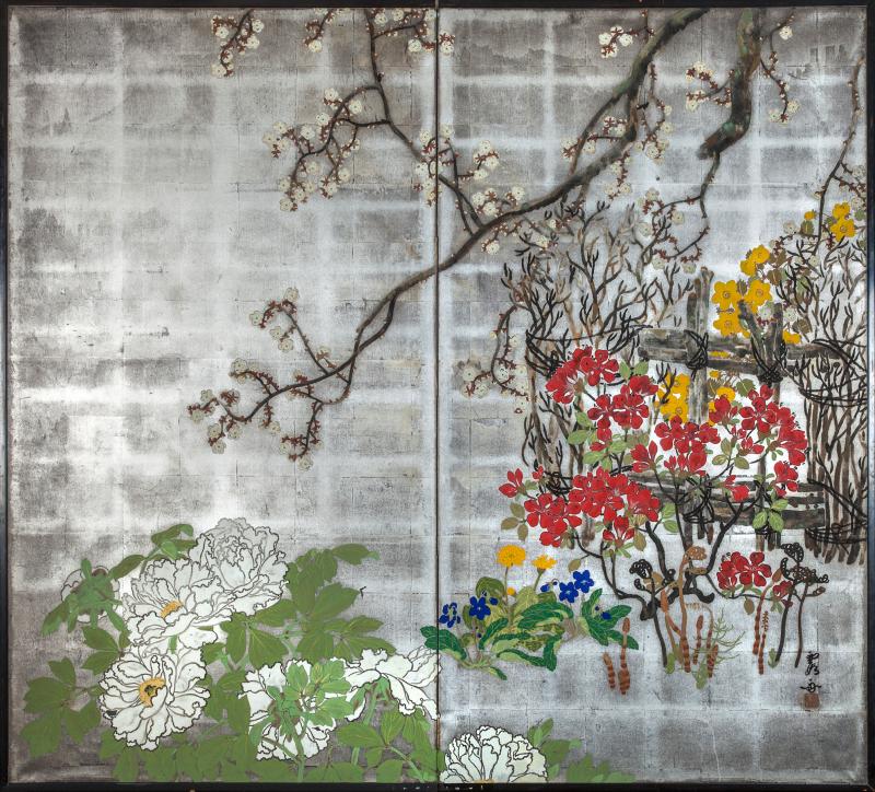 Japanese Two Panel Screen Spring Flowers on Silver