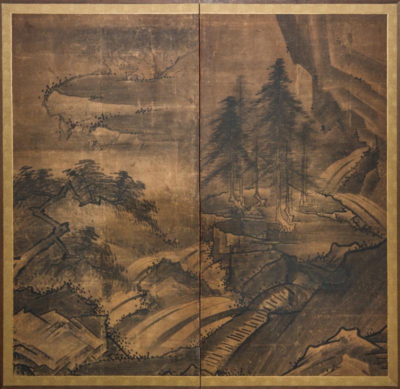 Japanese Two Panel Screen Suiboku Landscape in Sesshu Style