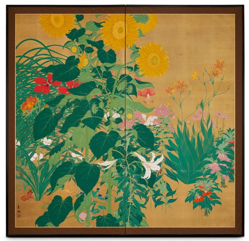 Japanese Two Panel Screen Summer Flowers
