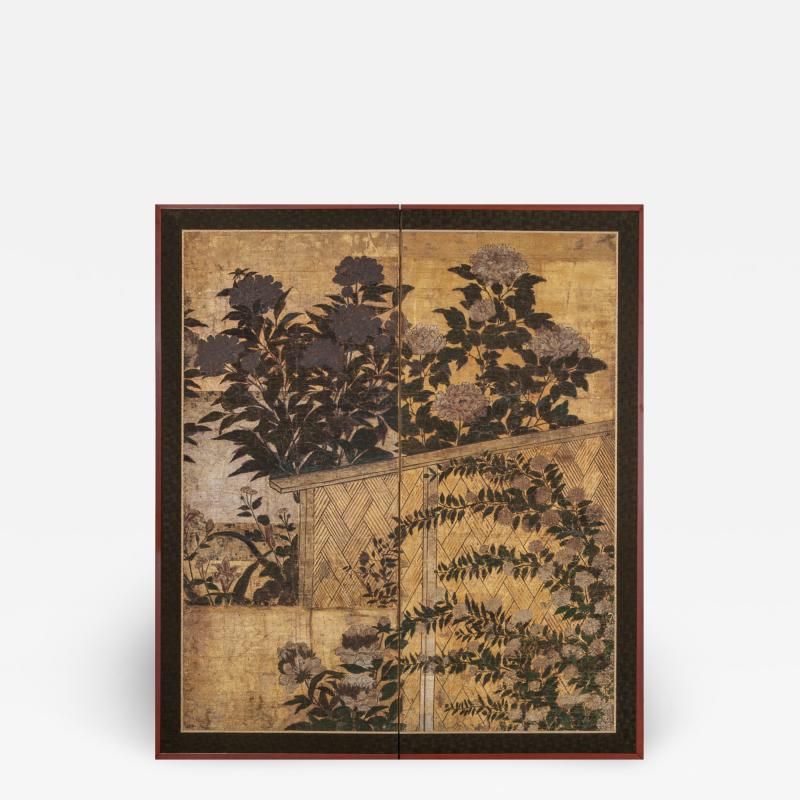 Japanese Two Panel Screen Summer Flowers in a Garden Setting