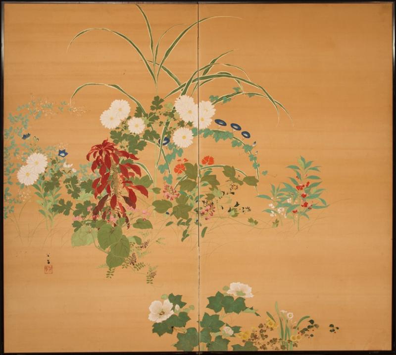 Japanese Two Panel Screen Summer Flowers on Silk