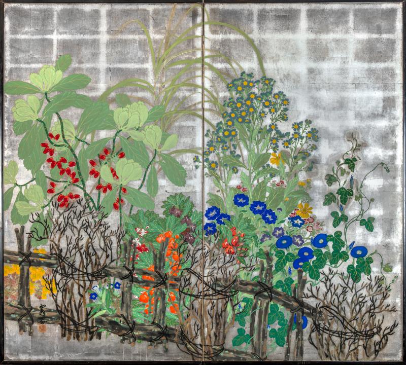 Japanese Two Panel Screen Summer Flowers on Silver