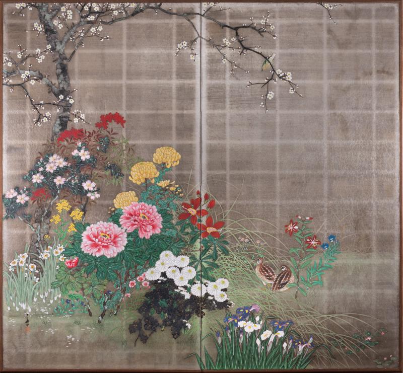 Japanese Two Panel Screen Summer Garden on Silver