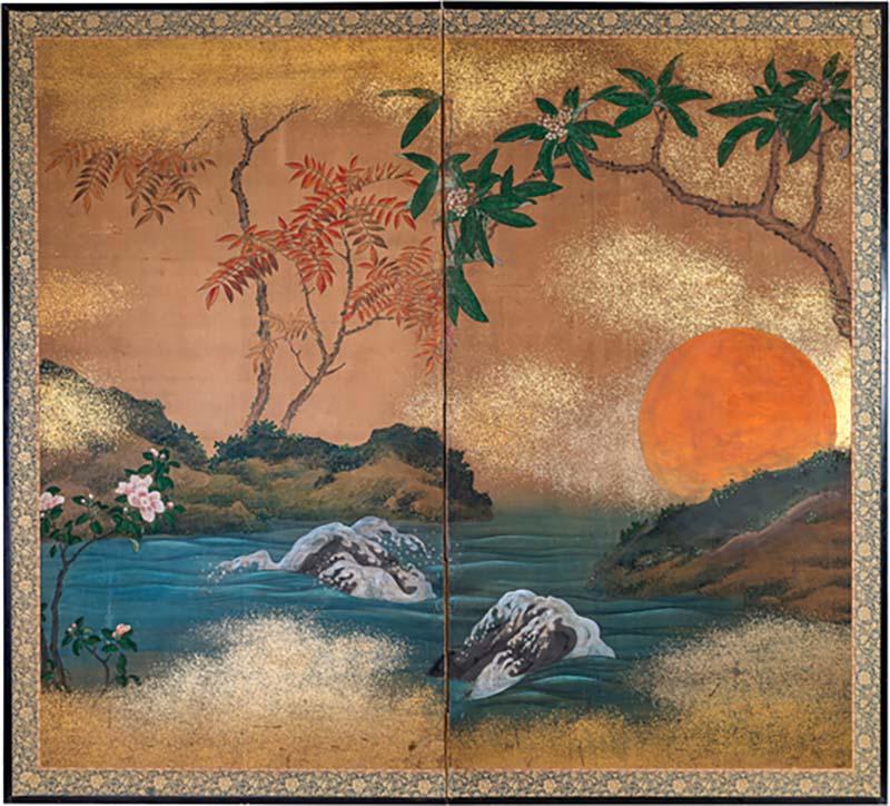 Japanese Two Panel Screen Sun Over Cresting Waves with Golden Clouds