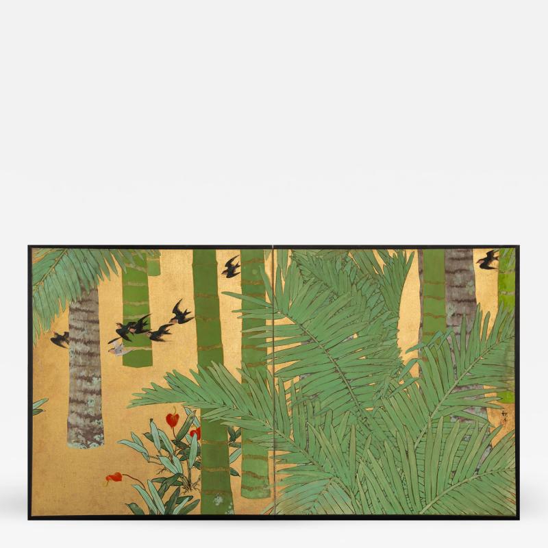 Japanese Two Panel Screen Swallows in Tropical Landscape