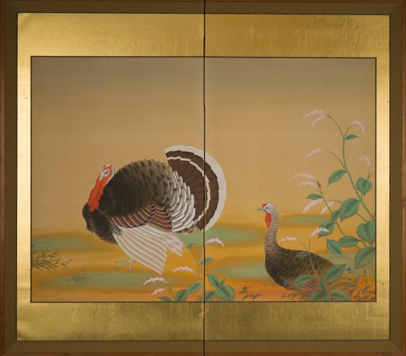 Japanese Two Panel Screen Turkeys