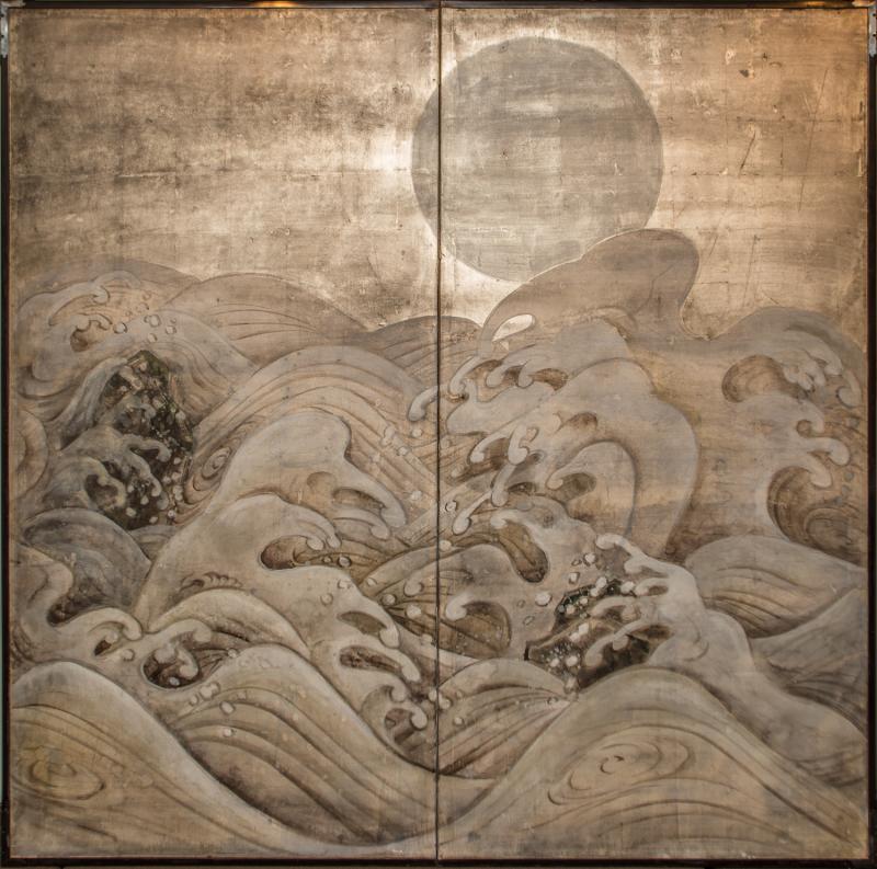 Japanese Two Panel Screen Waves and Moon on Silver