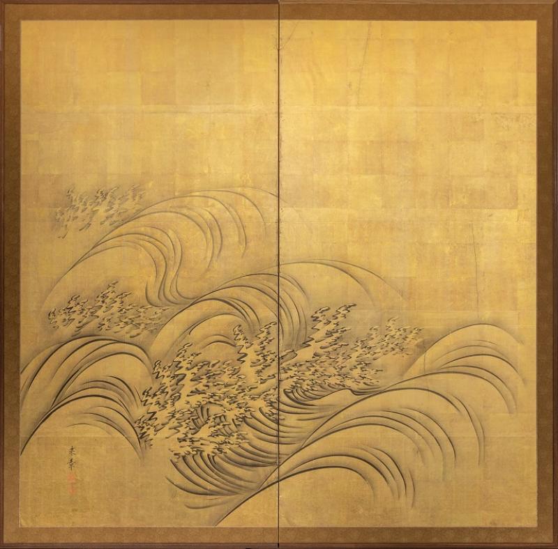 Japanese Two Panel Screen Waves on Gold