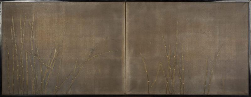 Japanese Two Panel Screen Wetlands Flora on Silver Leaf