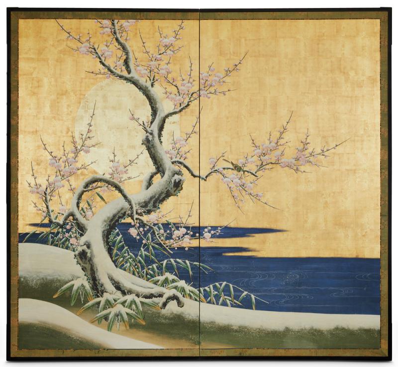 Japanese Two Panel Screen Winter Landscape Under Moonlight