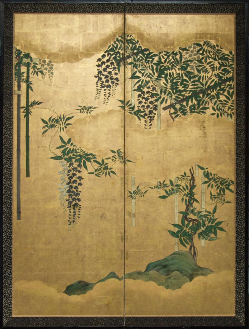 Japanese Two Panel Screen Wisteria Vine On Bamboo Arbor on Quality Gold