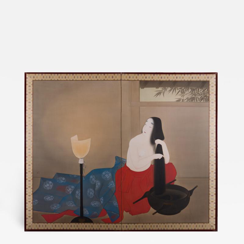 Japanese Two Panel Screen Woman Washing Her Hair By Candlelight