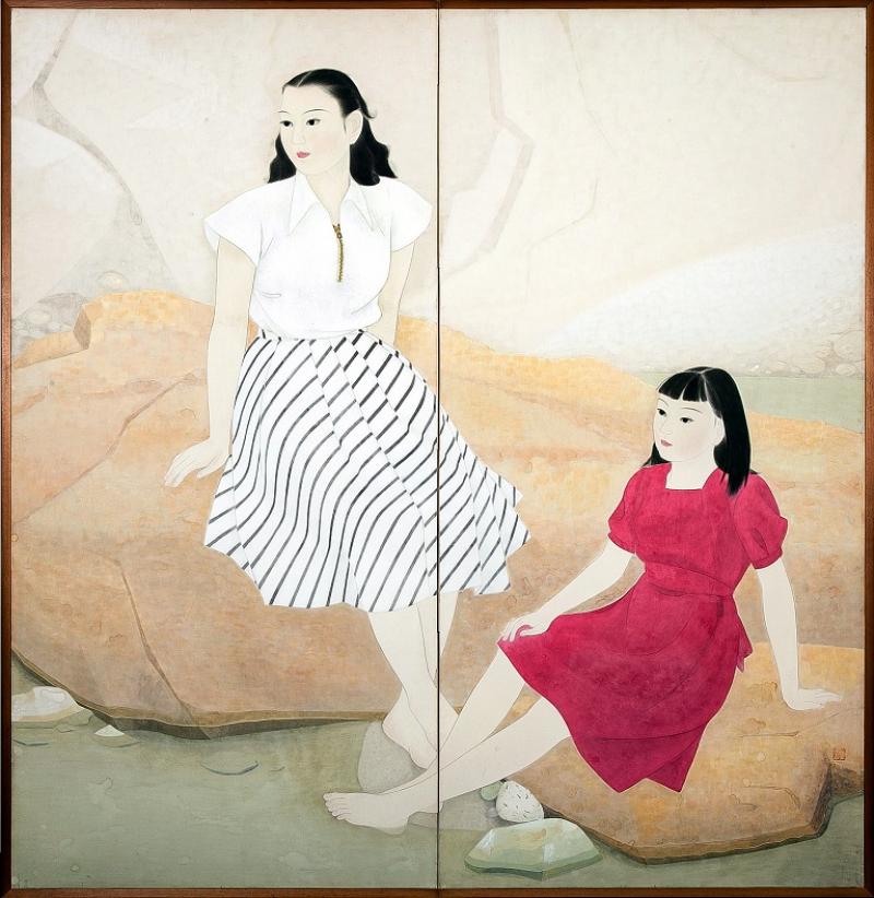 Japanese Two Panel Screen Women in Western Dress