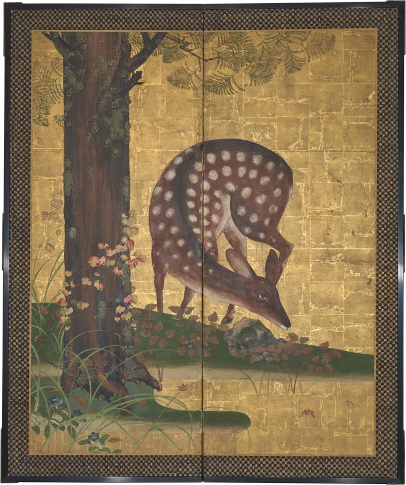 Japanese Two Panel Screen Woodland Deer