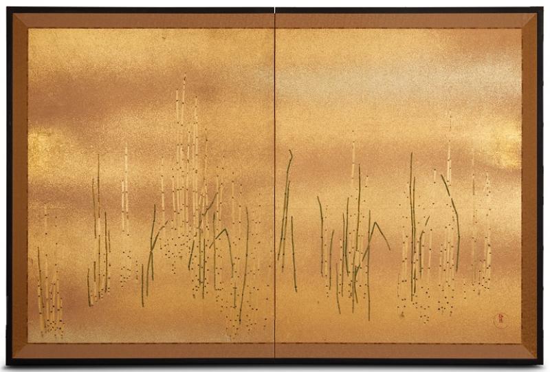 Japanese Two Panel Screen Young Bamboo