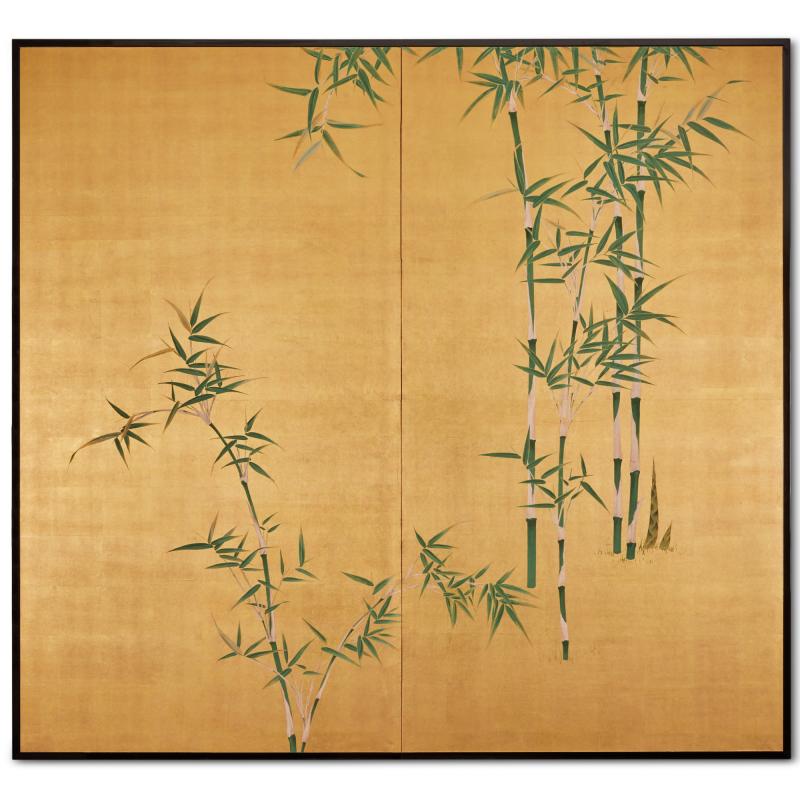 Japanese Two Panel Screen Young Bamboo on Gold