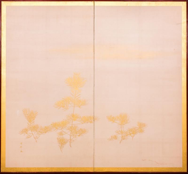 Japanese Two Panel Screen Young Pine