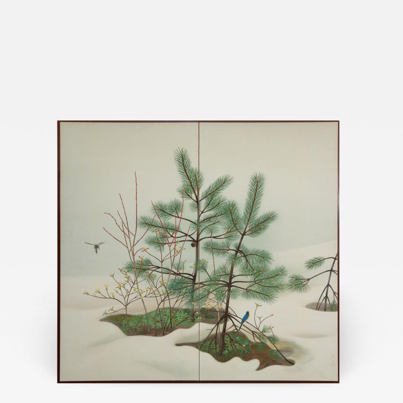 Japanese Two Panel Screen Young Pine in Snow