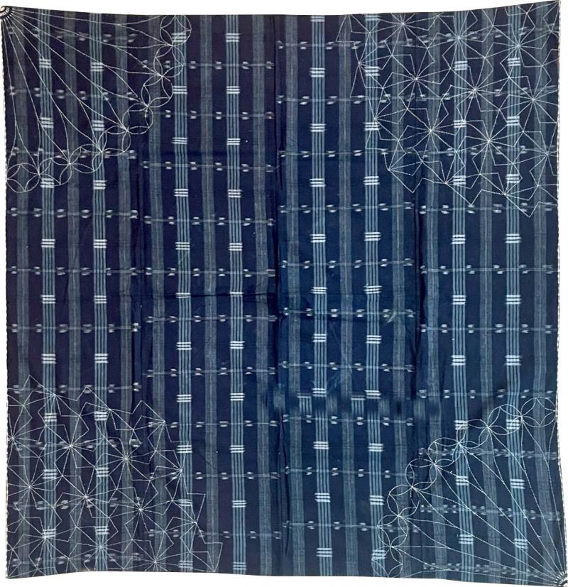 Japanese Vintage Indigo Woven Ikat Gasuri with Sashiko Textile Panel