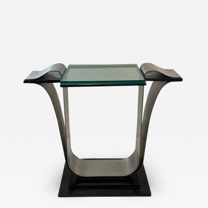 Jay Spectre ART DECO REVIVAL MODERNIST STEEL GLASS WOOD COSOLE TABLE BY JAY SPECTRE