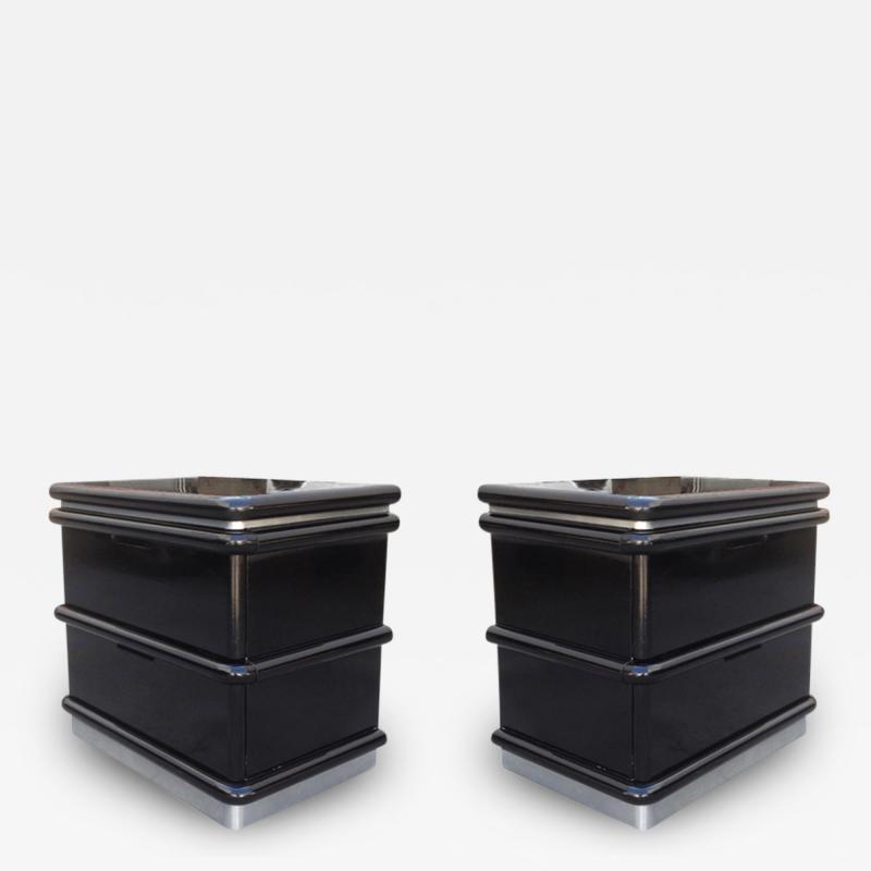 Jay Spectre Jay Spectre Nightstands in Black Lacquer and Brushed Chrome Plinth