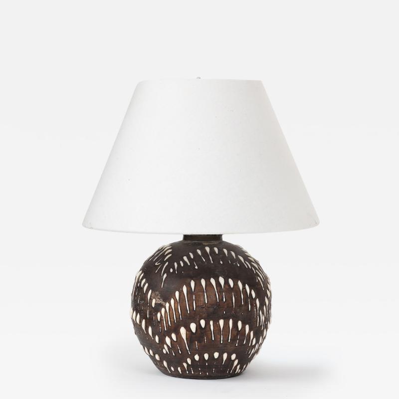Jean Besnard Brown White Drip Motif Ceramic Lamp France c 1935 40