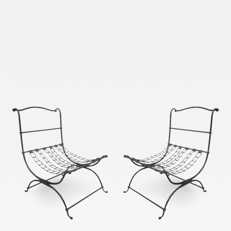 Jean Charles Moreux Rare Pair of French Hammered Iron and Chain Lounge Chairs by Jean Charles Moreux