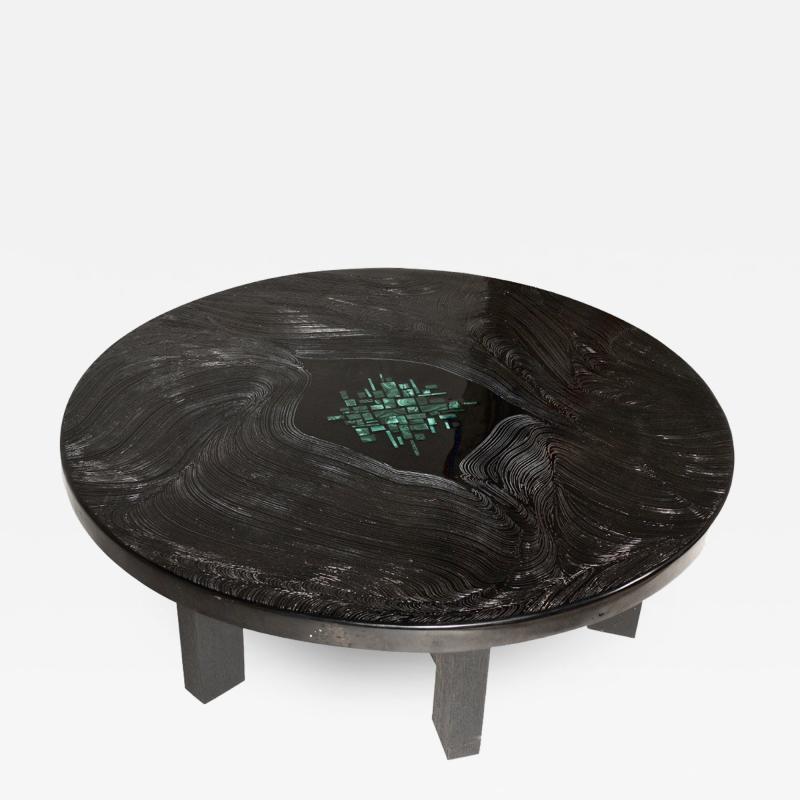 Jean Claude Dresse Black resin circular circular coffee table inlay malachite by Jean Claude Dresse