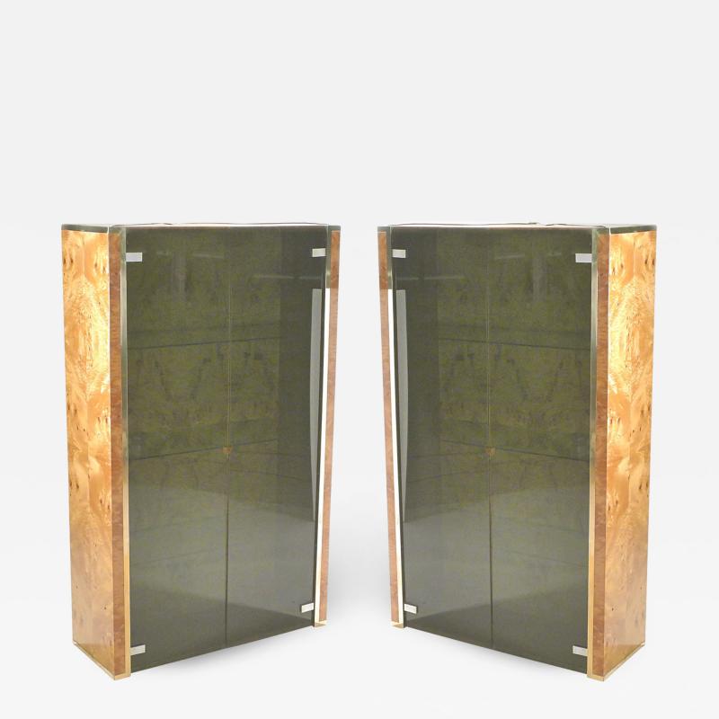 Jean Claude Mahey Pair of French J C Mahey brass and burlwood vitrines 1970s