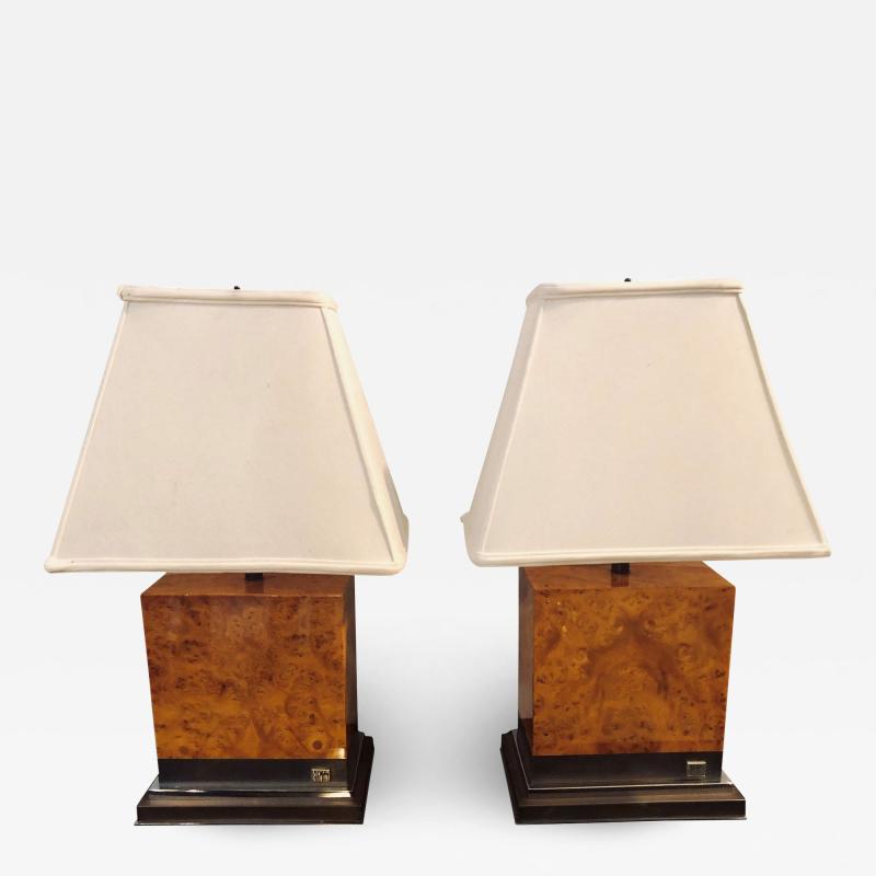 Jean Claude Mahey Pair of Jean Claude Mahey Burl Wood Chrome Base Table Lamps with Shades