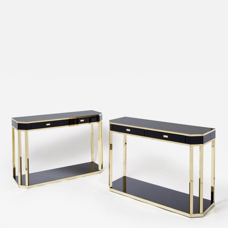 Jean Claude Mahey Pair of Jean Claude Mahey black lacquered brass console tables 1970s