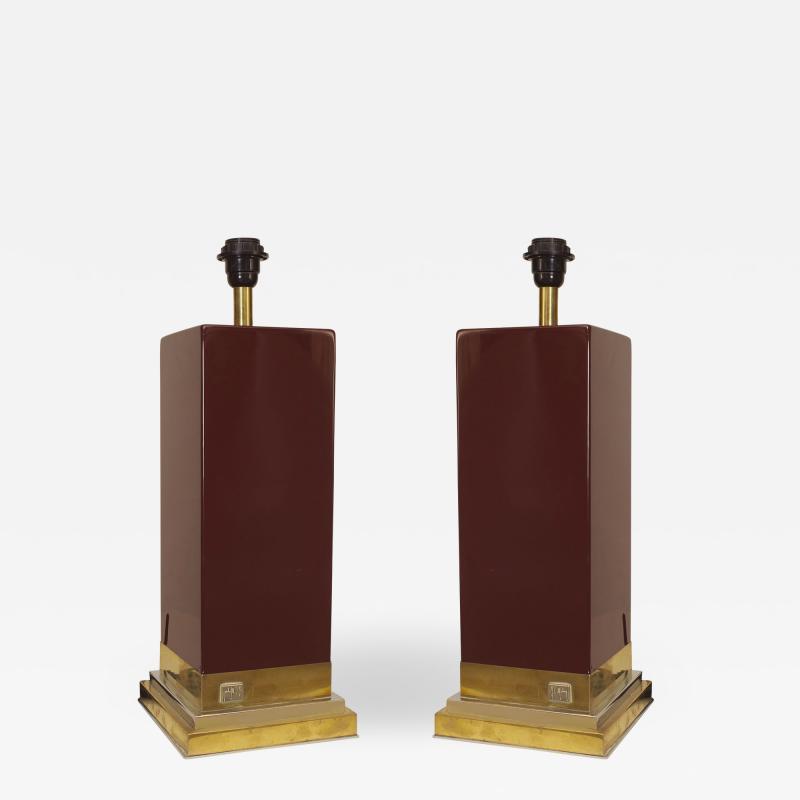 Jean Claude Mahey Pair of Post War Design Dark Maroon Lacquer Lamps