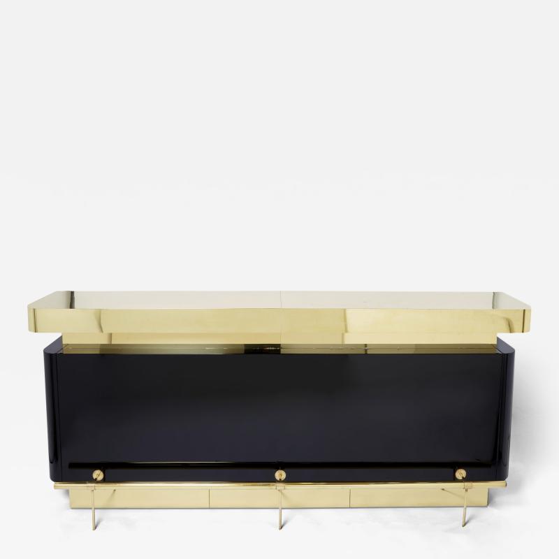 Jean Claude Mahey Unique J C Mahey black lacquered brass bar cabinet counter 1970s